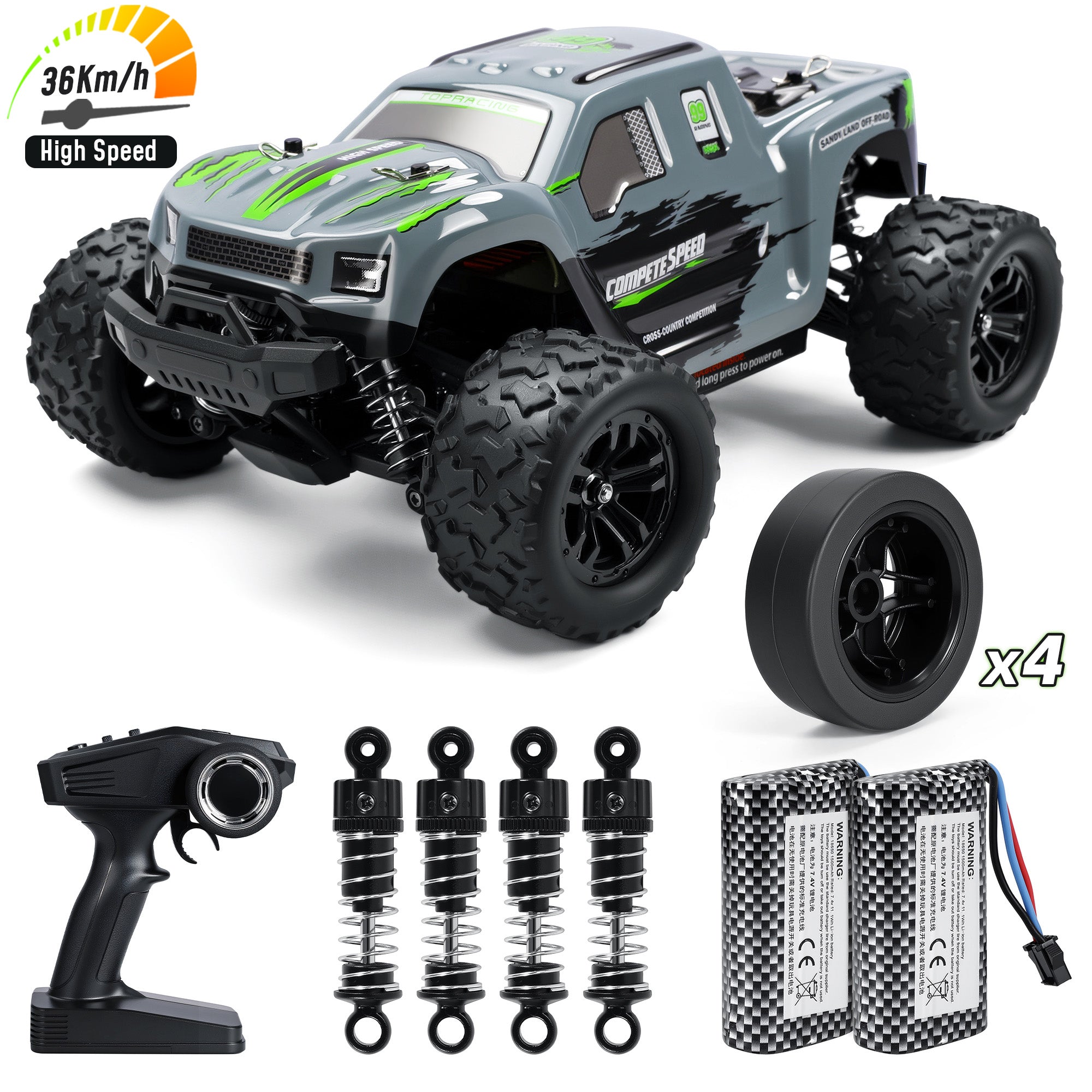 WOWEHICLE RC Cars for Adults, 1:18 Fast Remote Control Car, 36KM/H High-Speed RC Truck 4WD w/ Gyro Stabilization, Monster Truck Toy Gift for Kids Boys, 2 Batteries & Spare Drift Tires